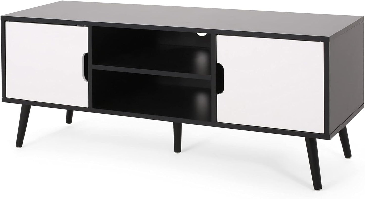 Elevate Your Living Space with the Stylish Black and White Lena TV Stand Featuring Ample Storage and Mid-Century Modern Design