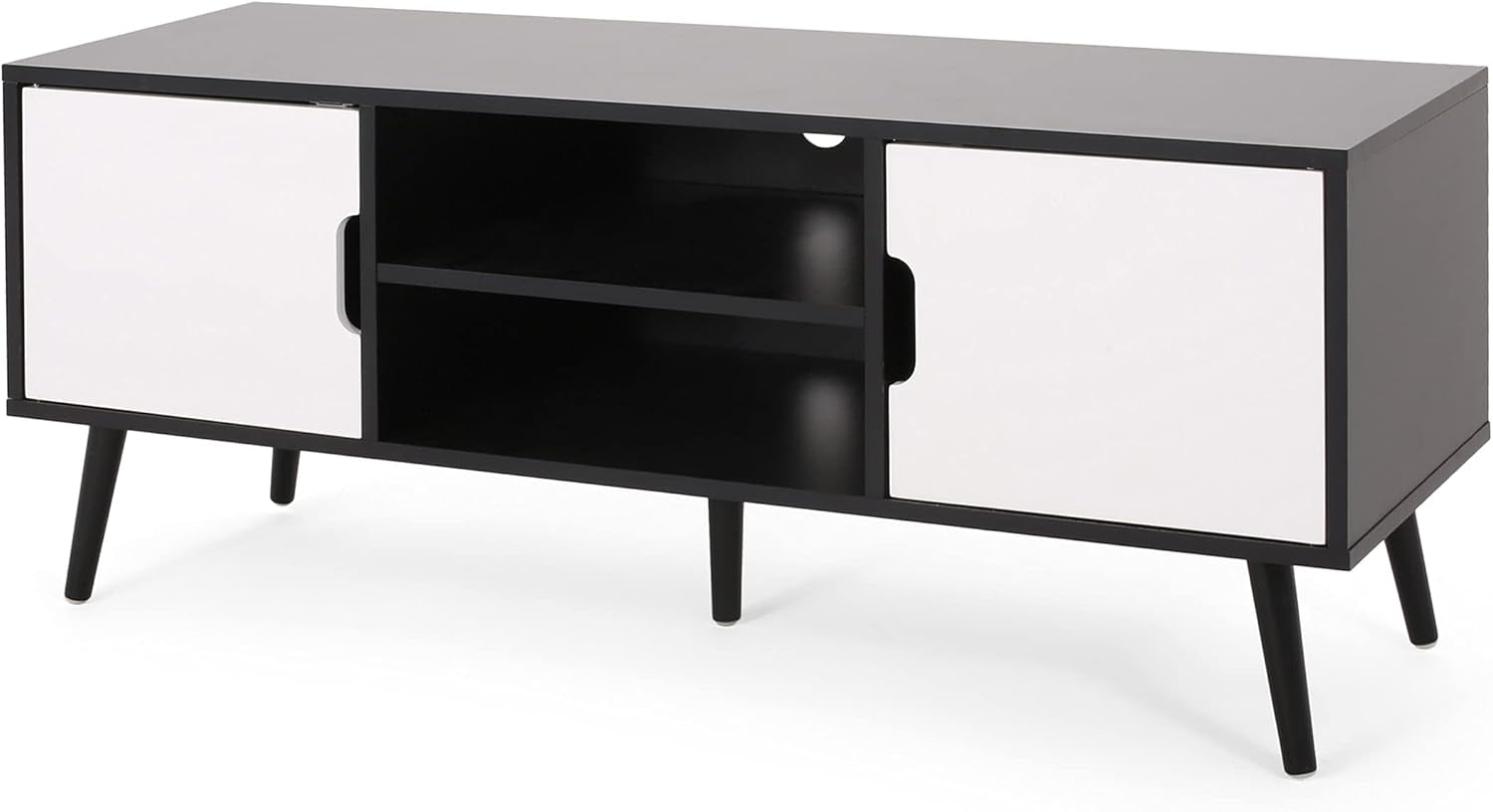 Elevate Your Living Space with the Stylish Black and White Lena TV Stand Featuring Ample Storage and Mid-Century Modern Design