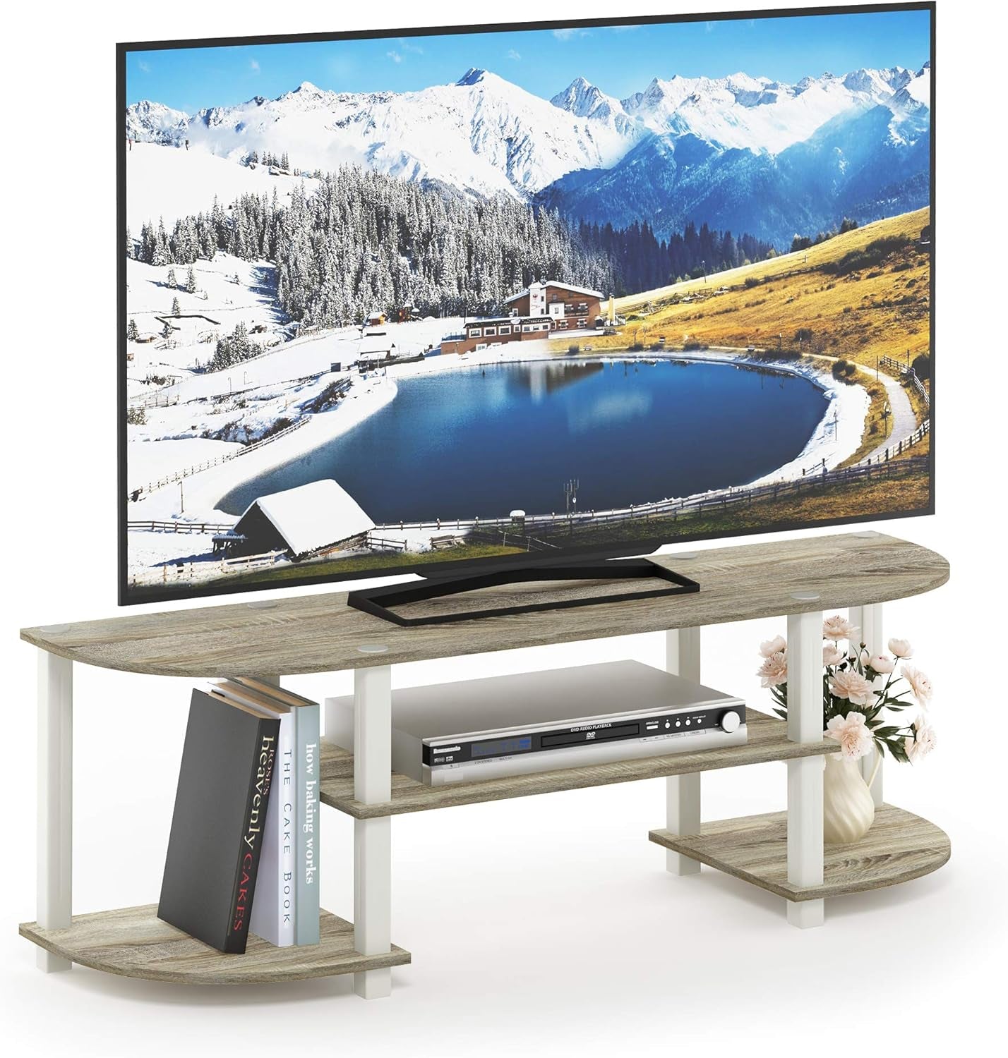 Turn-S-Tube Wide TV Entertainment Center in Sonoma Oak and White, Dimensions: 47.25" x 13.4" x 15.9