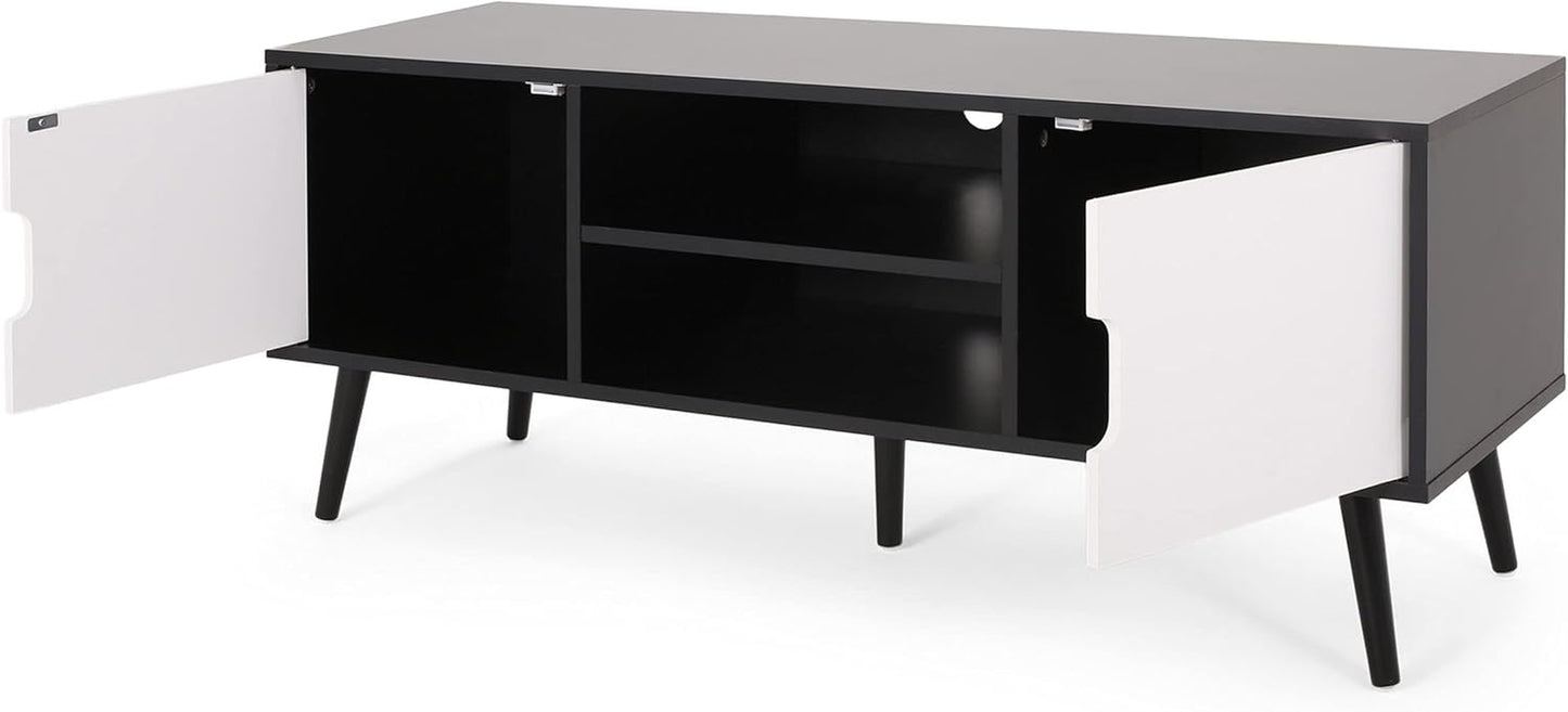 Elevate Your Living Space with the Stylish Black and White Lena TV Stand Featuring Ample Storage and Mid-Century Modern Design