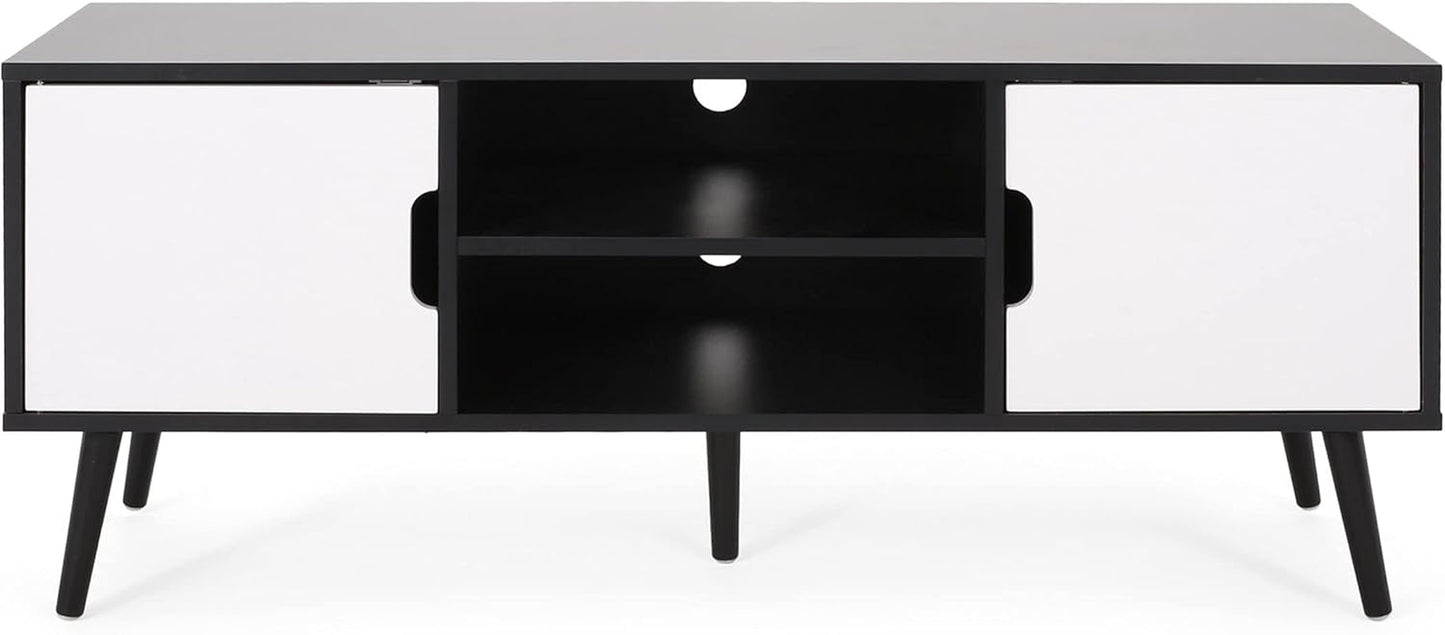 Elevate Your Living Space with the Stylish Black and White Lena TV Stand Featuring Ample Storage and Mid-Century Modern Design