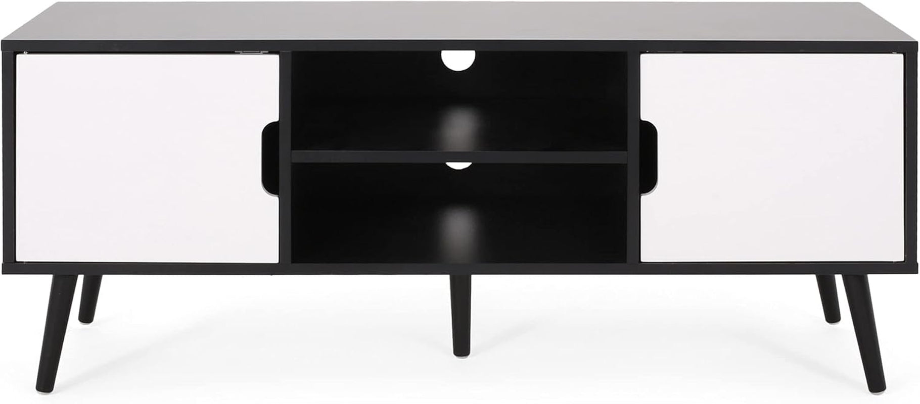 Elevate Your Living Space with the Stylish Black and White Lena TV Stand Featuring Ample Storage and Mid-Century Modern Design