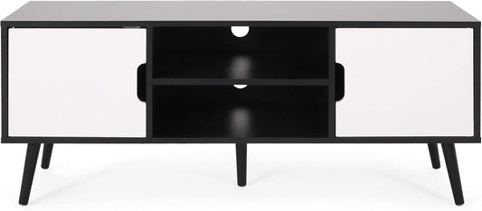 Elevate Your Living Space with the Stylish Black and White Lena TV Stand Featuring Ample Storage and Mid-Century Modern Design