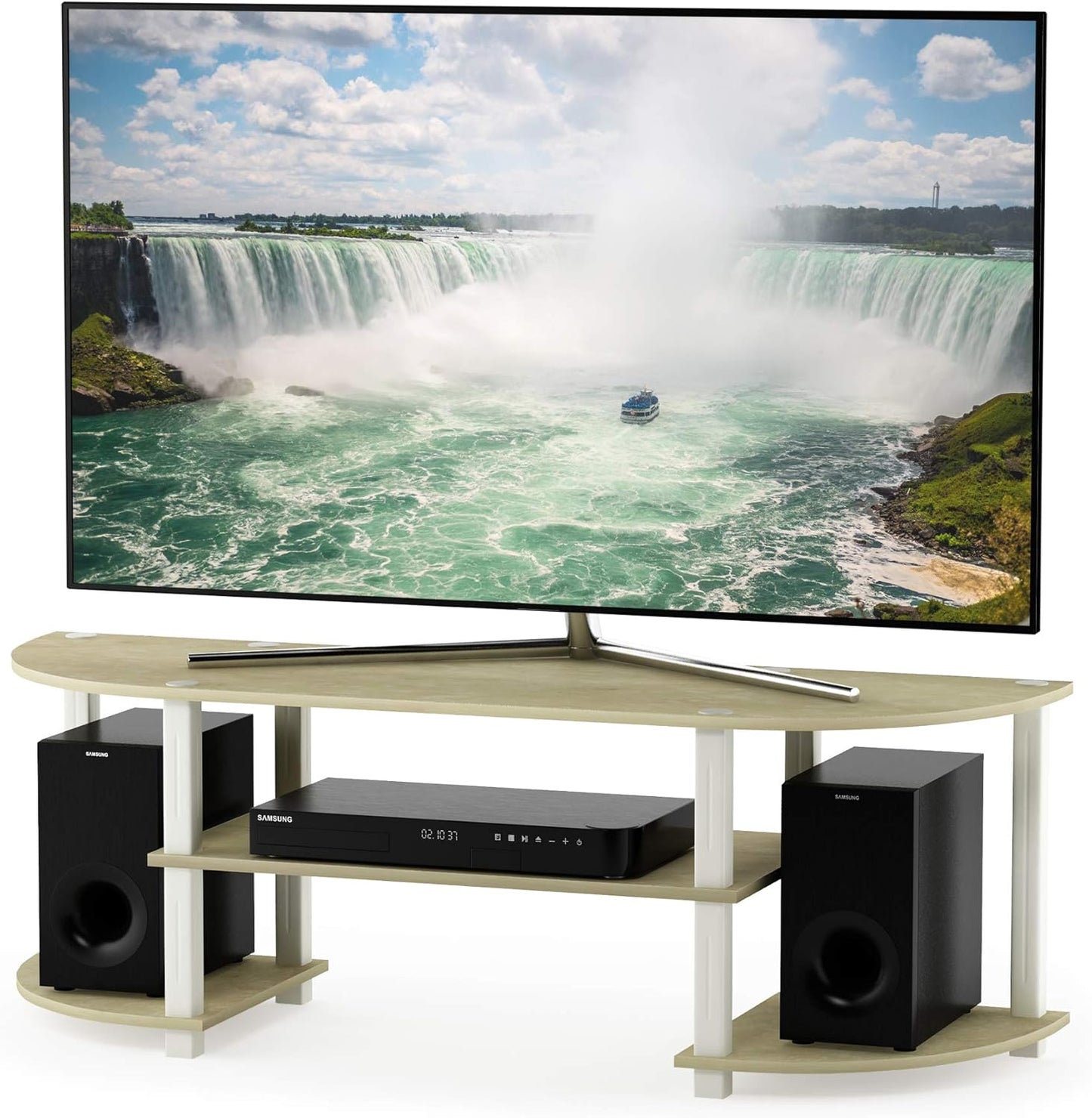 Elegant Cream Faux Marble Wide TV Entertainment Center with White Accents