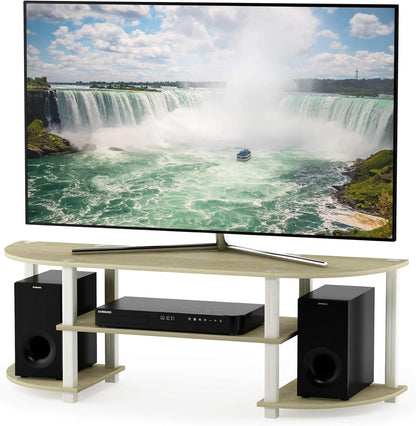 Elegant Cream Faux Marble Wide TV Entertainment Center with White Accents
