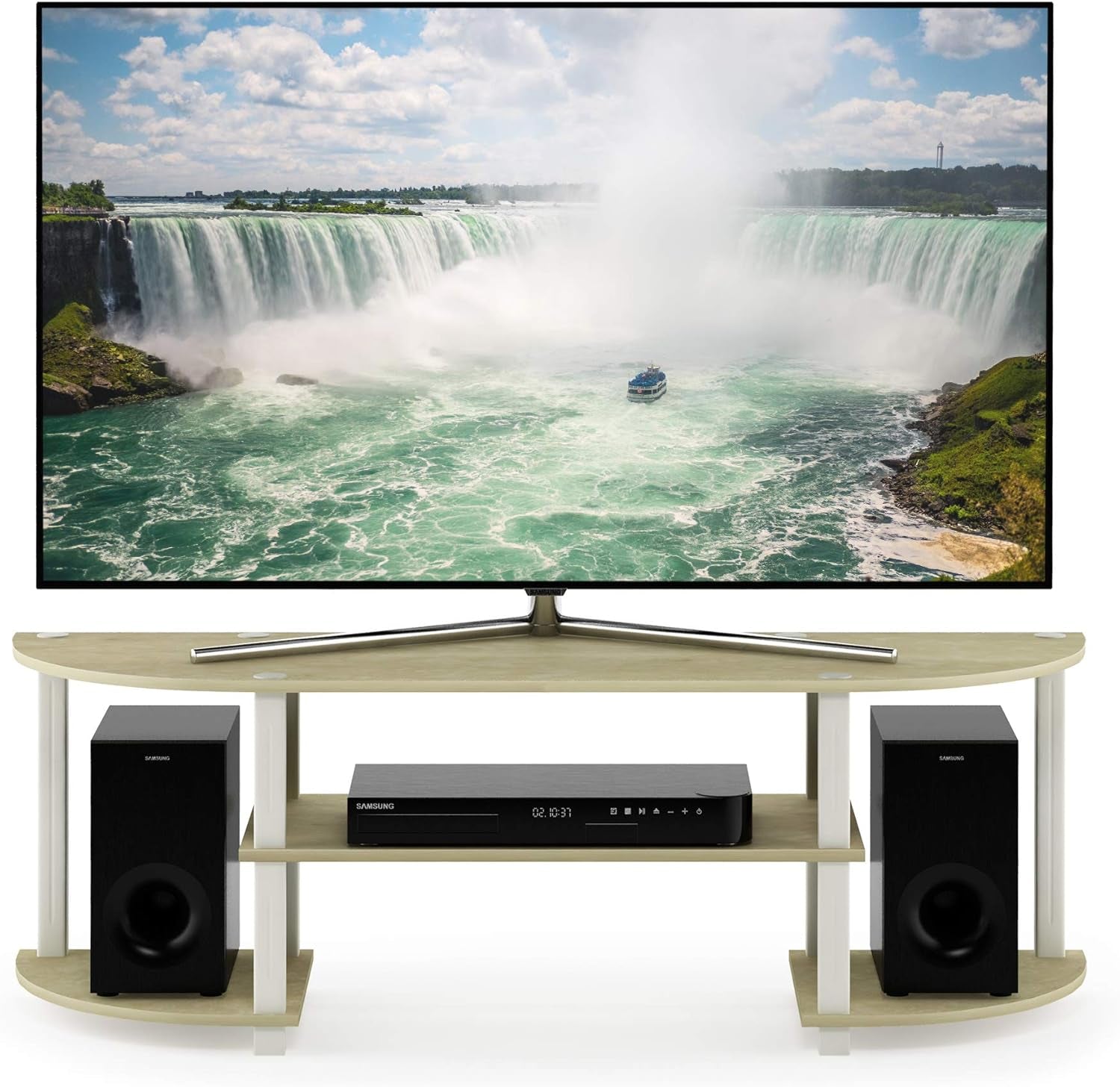 Elegant Cream Faux Marble Wide TV Entertainment Center with White Accents
