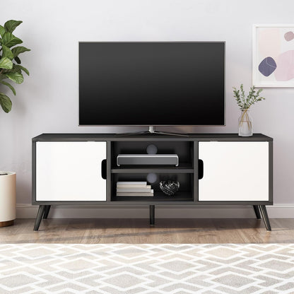 Elevate Your Living Space with the Stylish Black and White Lena TV Stand Featuring Ample Storage and Mid-Century Modern Design