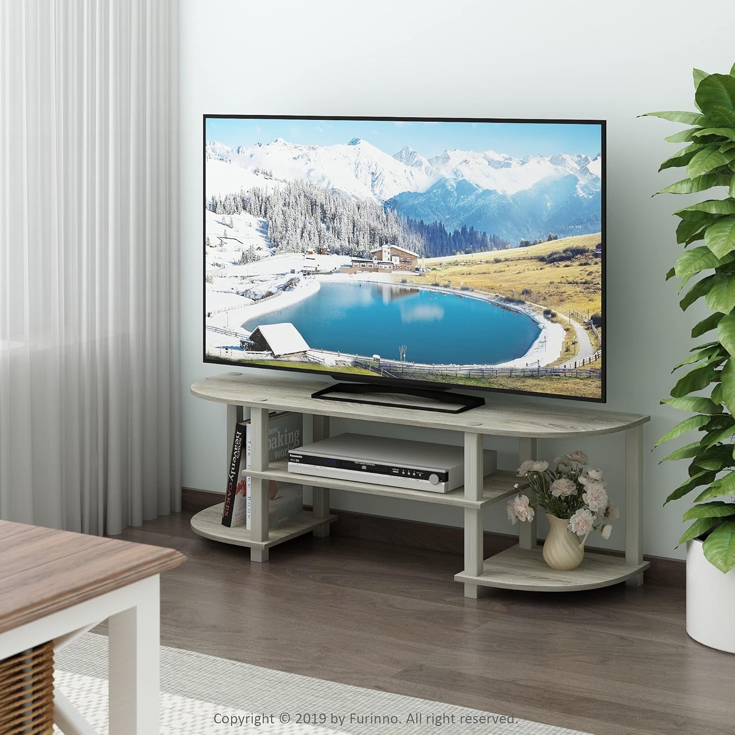 Turn-S-Tube Wide TV Entertainment Center in Sonoma Oak and White, Dimensions: 47.25" x 13.4" x 15.9