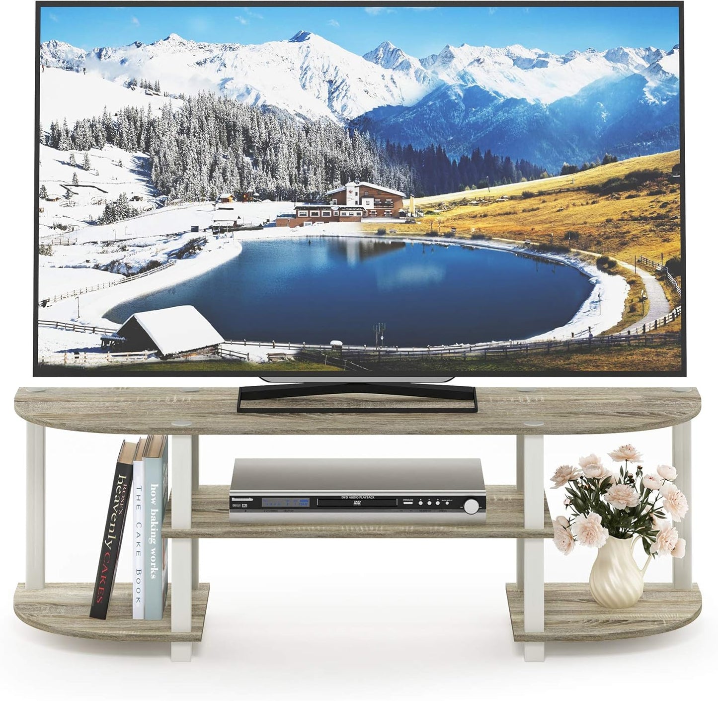 Turn-S-Tube Wide TV Entertainment Center in Sonoma Oak and White, Dimensions: 47.25" x 13.4" x 15.9