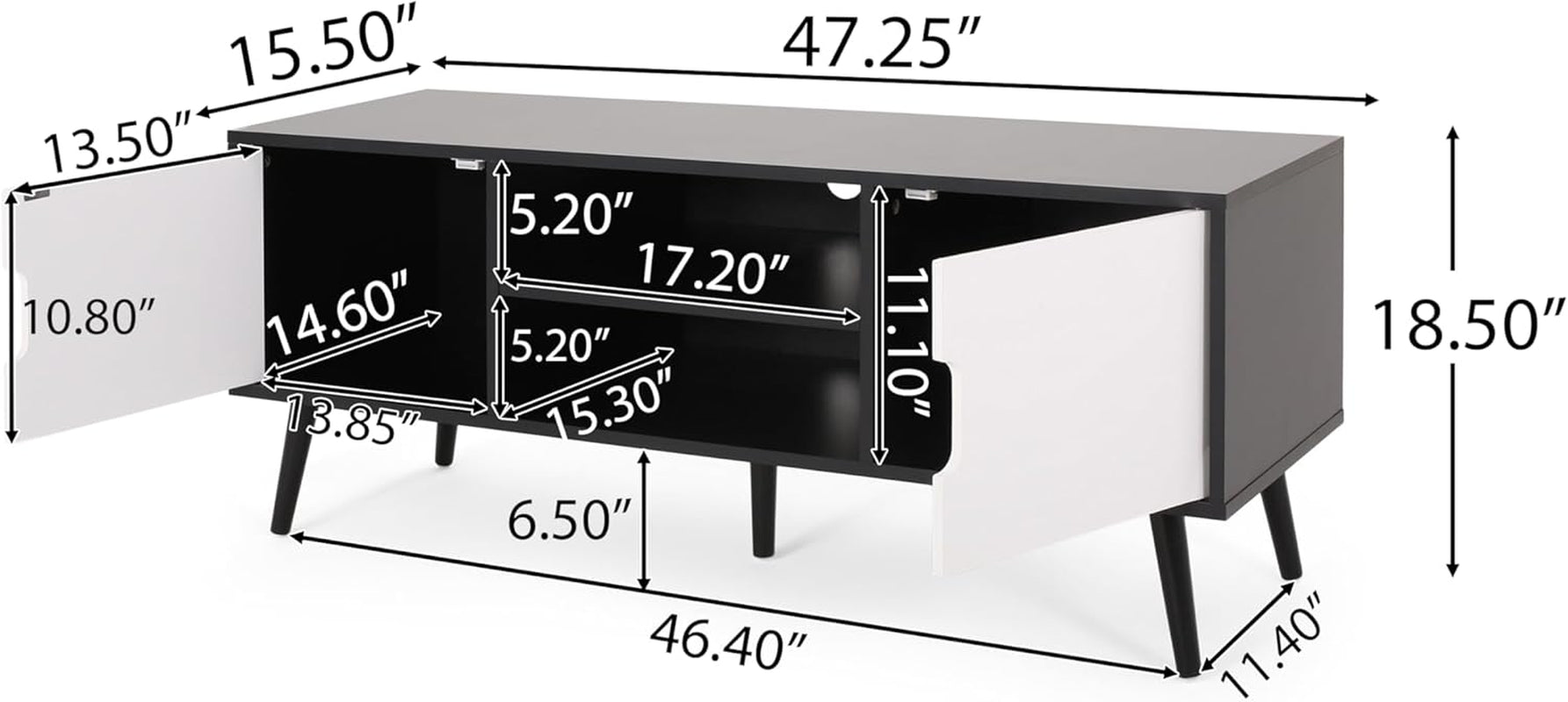 Elevate Your Living Space with the Stylish Black and White Lena TV Stand Featuring Ample Storage and Mid-Century Modern Design