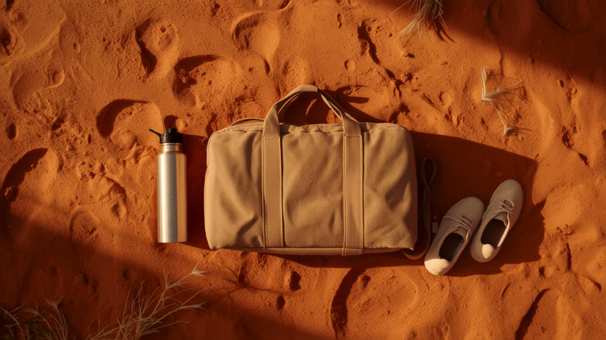 A canvas duffel bag, water bottle and running shoes arranged on red clay ground in golden hour light