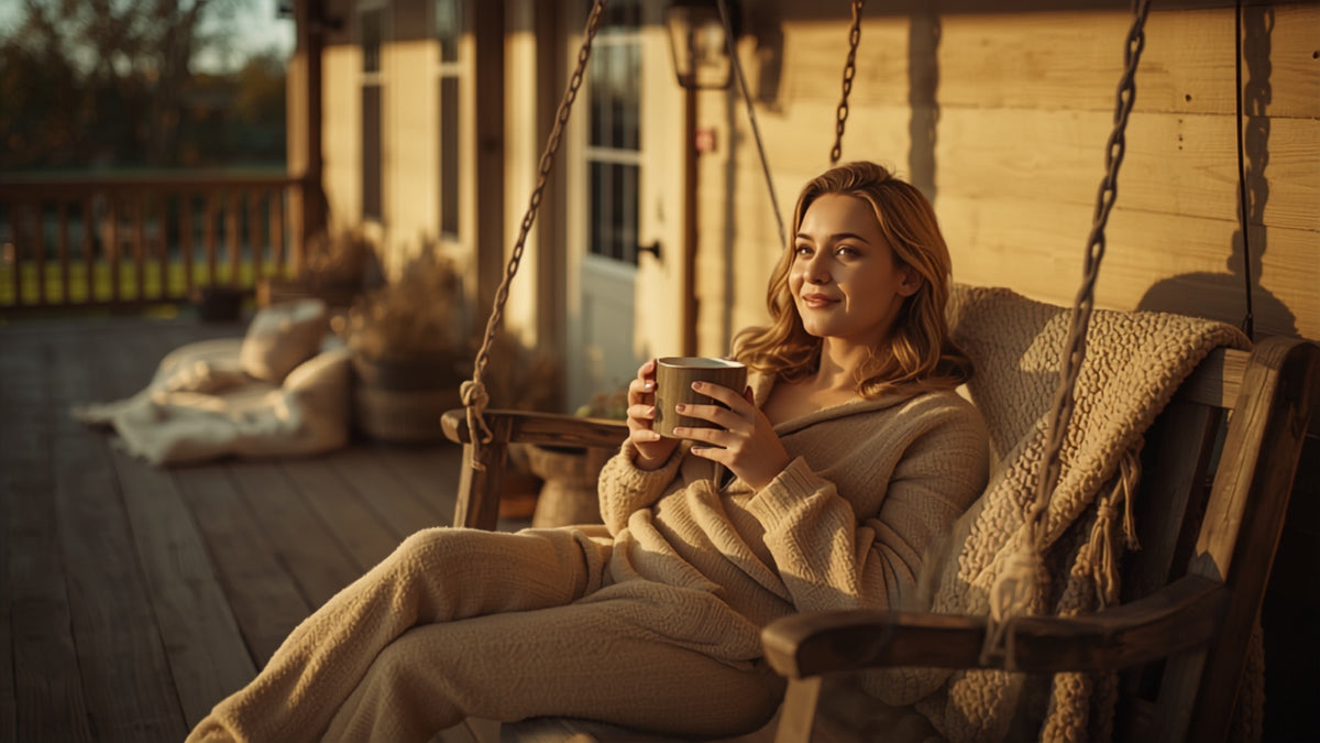 A woman in an oatmeal fleece lounge set relaxing with coffee on a farmhouse porch swing in golden afternoon light
