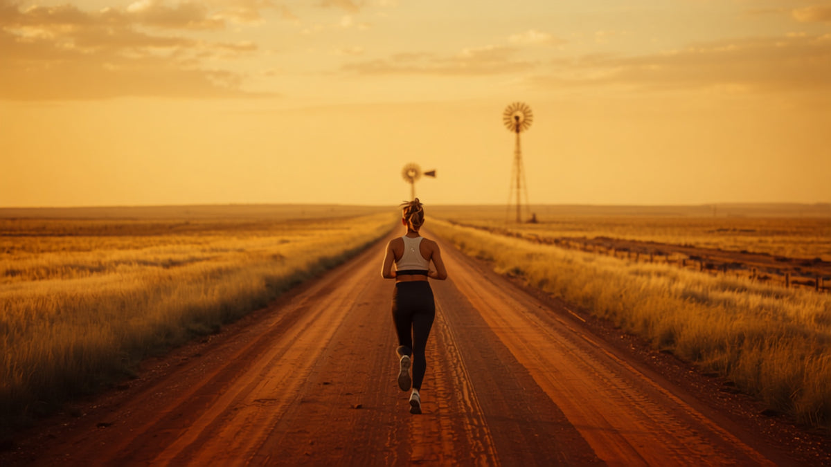 A woman running at golden hour down a red dirt road across open Oklahoma prairie, windmill on the horizon