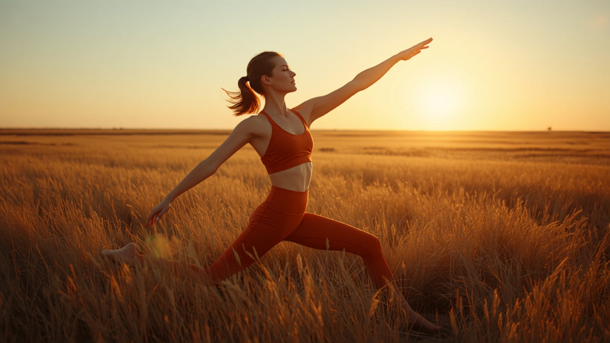 A woman in terracotta activewear holding a yoga lunge in tall prairie grass at sunset