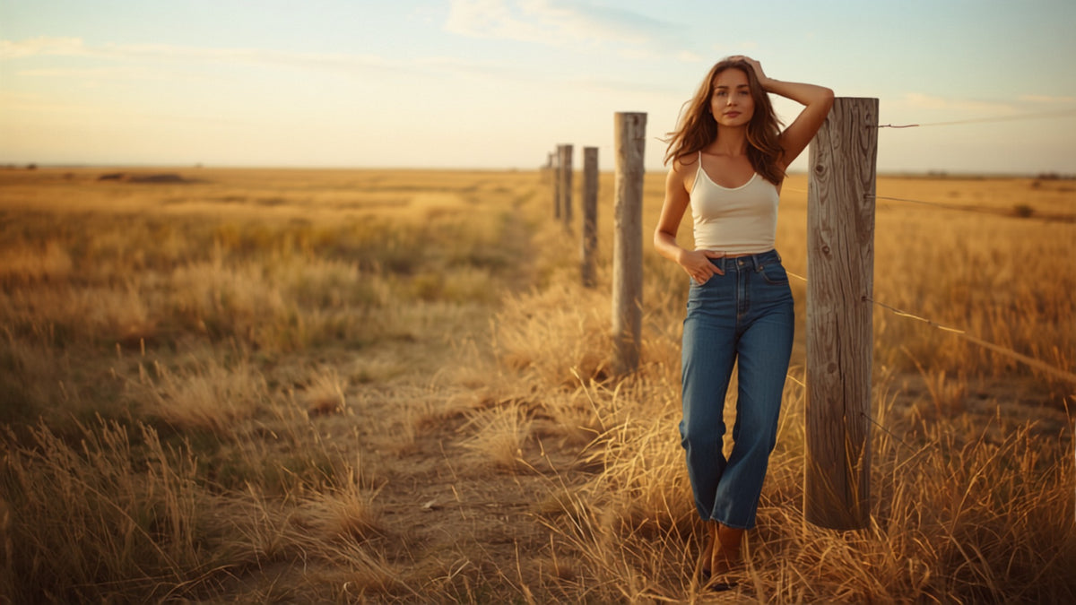 A woman in high-waisted jeans and cowboy boots leaning on a weathered fence post on Oklahoma prairie at golden hour